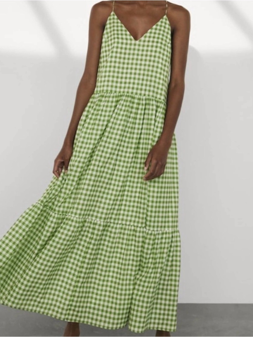 Massimo Dutti Green White Gingham Tiered Cotton Maxi Dress 4 Cottagecore Dainty